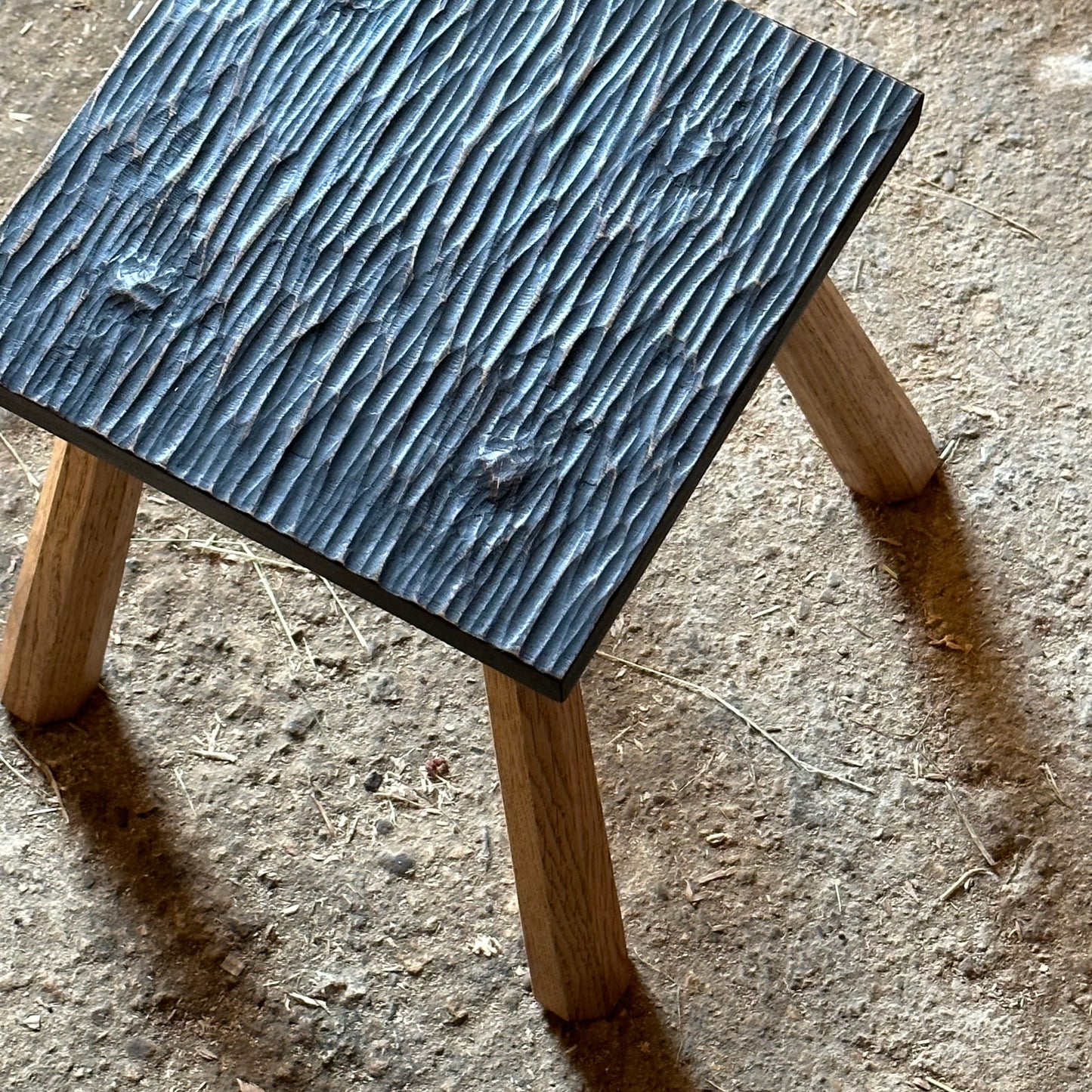 Oak Fireside Stool - textured, black seat