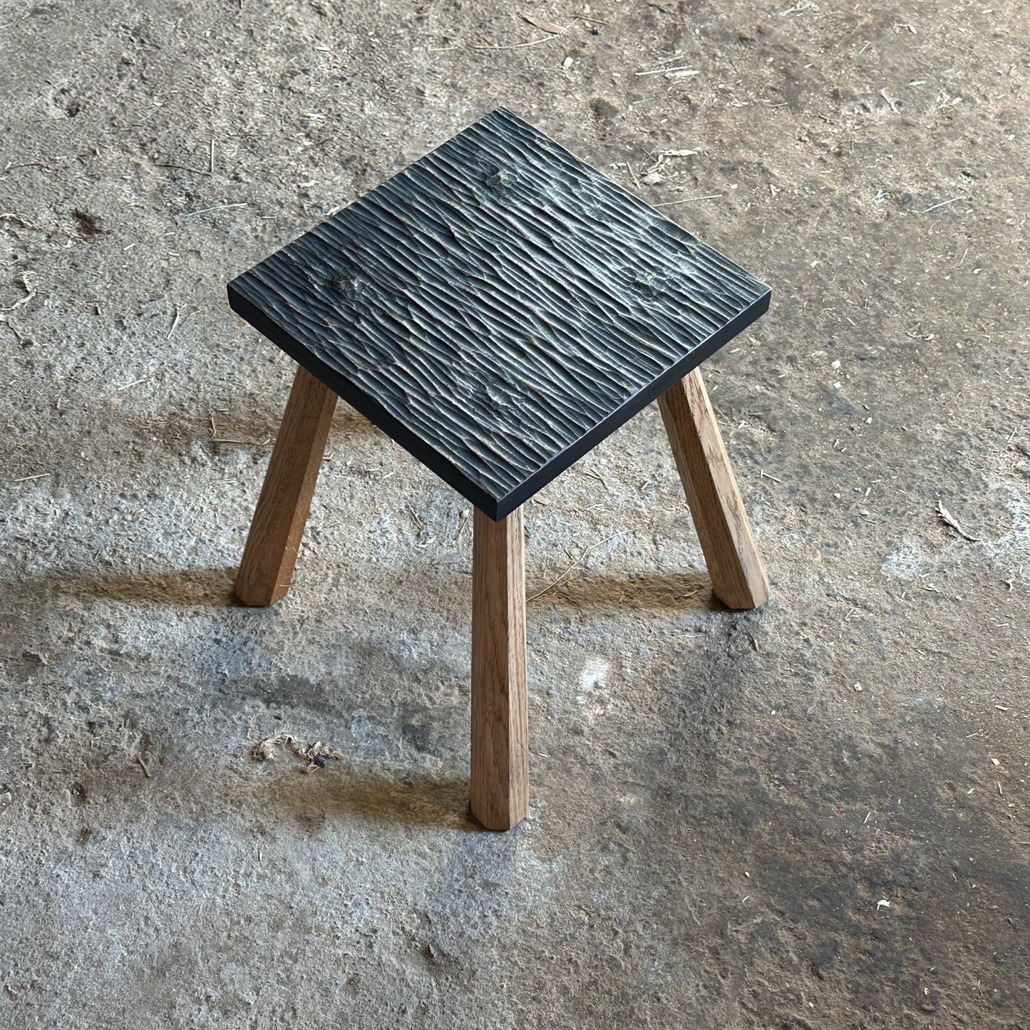 Oak Fireside Stool - textured, black seat